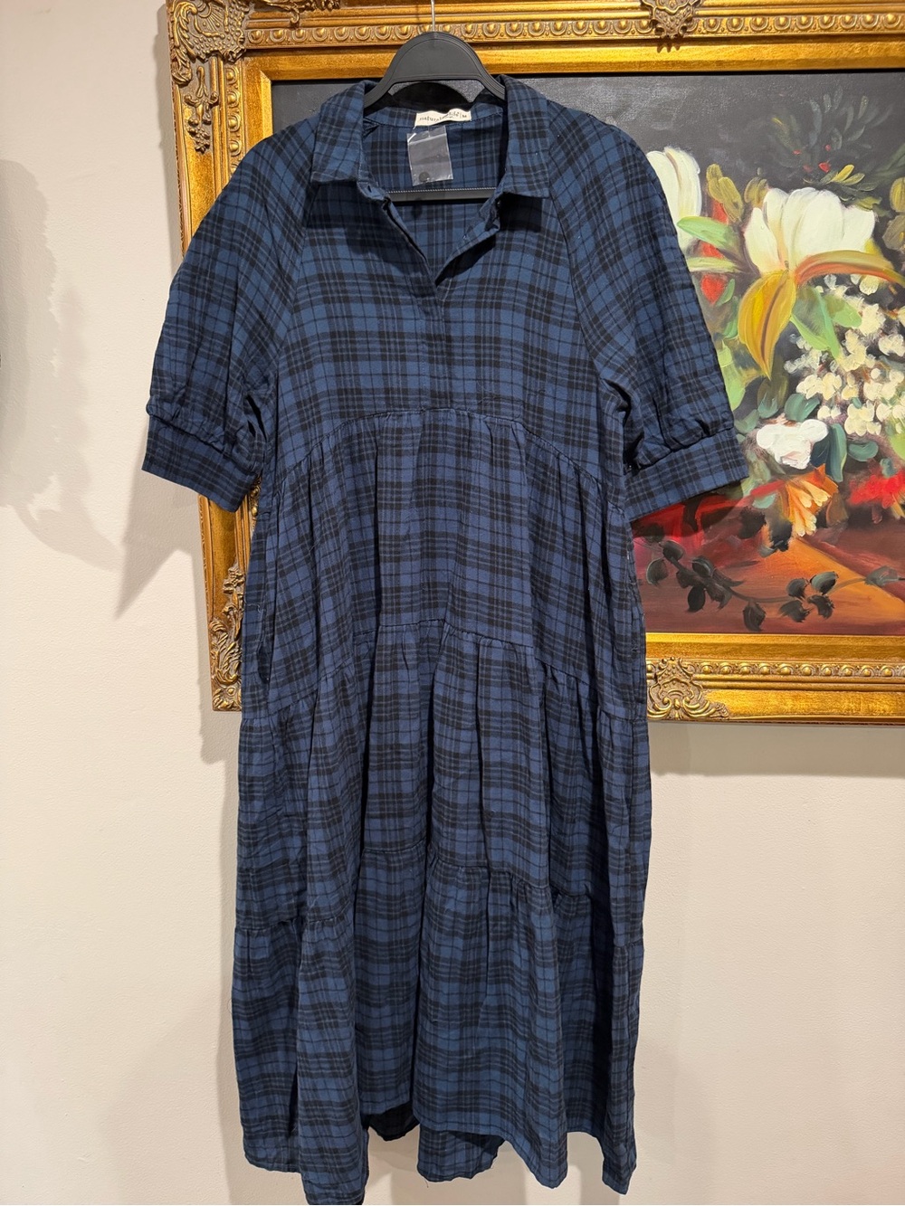 NATURAL LIFE Blue Plaid Tiered Midi Shirt Dress